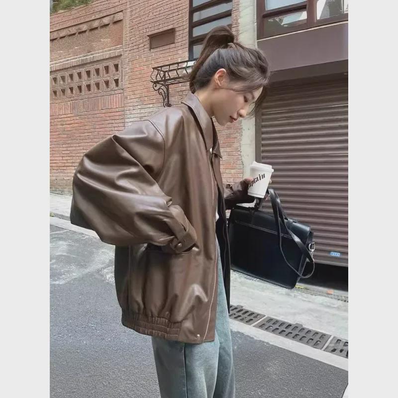 2024 Women's Retro Brown Short Leather Jacket – Korean Style, Loose Fit, Perfect for Spring and Autumn, Stylish Motorcycle Design