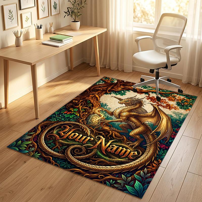 Dragon Phoenix Theme Crystal Velvet Rug Personalized Custom Name Text Soft Floor Mat Home Decor