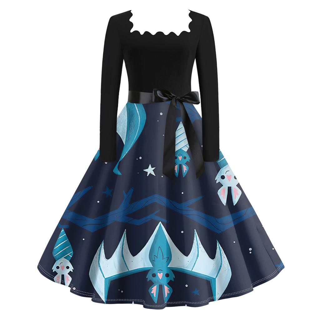 Женское повседневное модное винтажное платье с длинным рукавом и принтом на Хэллоуин