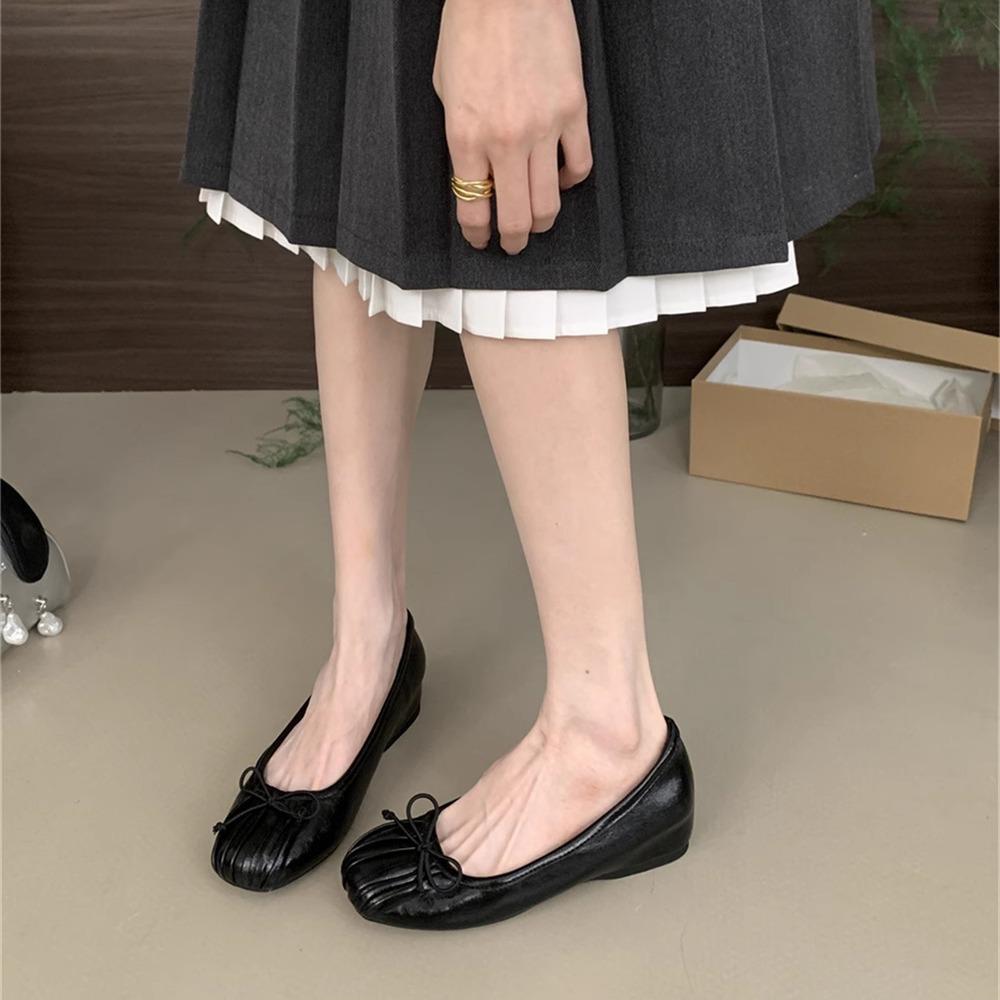 Нишевые плиссированные туфли-лодочки с квадратным носком и неглубоким вырезом, с бантом, женские, 2025 осень, новые, ретро, на скрытой платформе, на мягкой подошве, туфли для бабушки