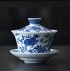Antique blue and white home retro three talents cover bowl teacup single hand-painted ceramic kung fu tea set tea bowl is not hot