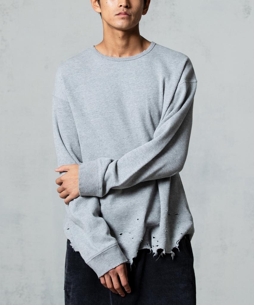 AREUBAN Distressed Texture Waffle Long Sleeve_Vintage Gray