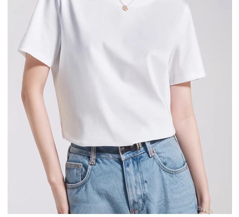 Женская высококачественная белая мерсеризованная хлопковая футболка - Лето 2026, Чистый хлопок, Короткий рукав, Круглый вырез, Свободный крой, Стройнящий топ