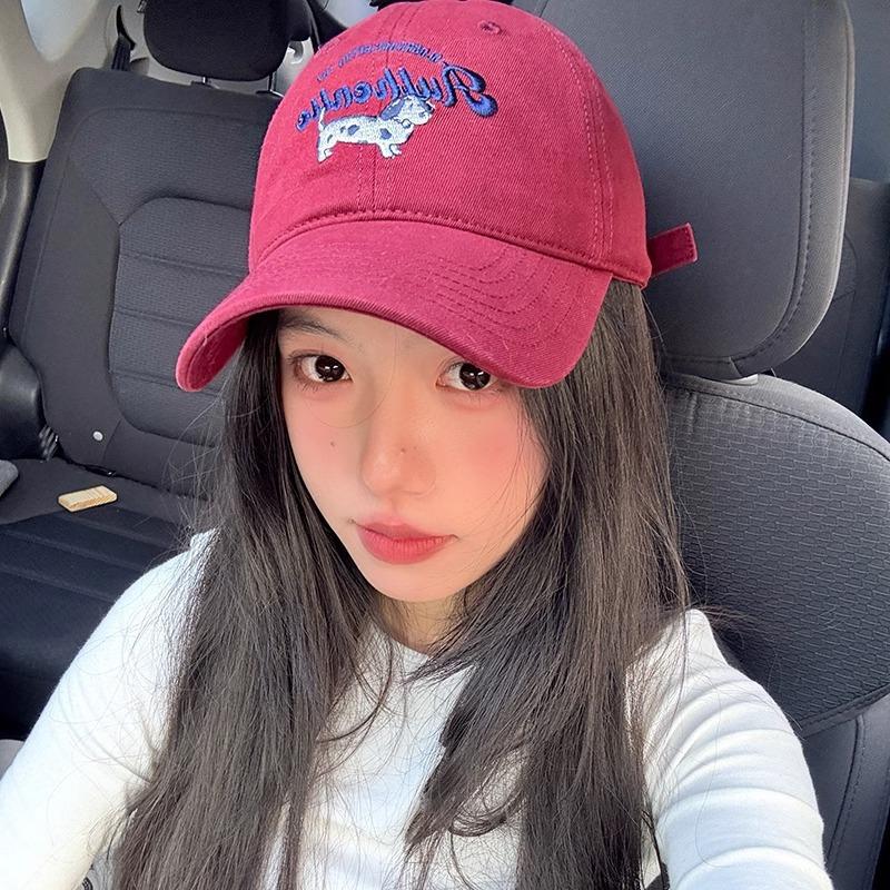 Korean version of puppy embroidery red baseball cap women's spring new big brim cap enlarged and deepened hat