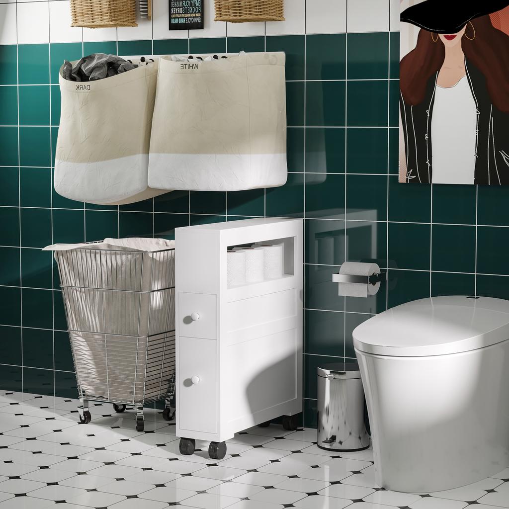 Bathroom Cabinet 2 Space-Saving Drawers with 4 Wheels Wood 16x52x71.5cm White