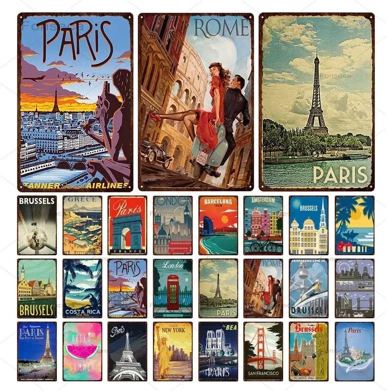 Paris Roma City Metal Sign Vintage Metal Plaque Travel Plates Decor For Bar Home Wall Decor Tin Sign Landscape Poster