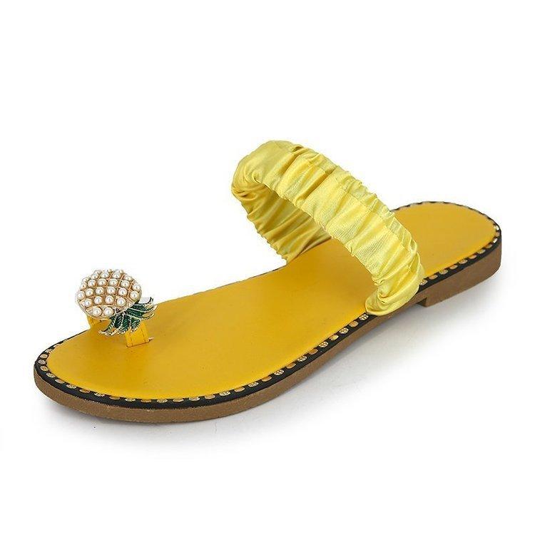 Мода 2025 Нескользящие тапочки Ананасовое кружево Пляжная обувь ГОРЯЧИЕ Сандалии большого размера Женские сандалии с пальцем Сандалии с водными стразами на плоской подошве