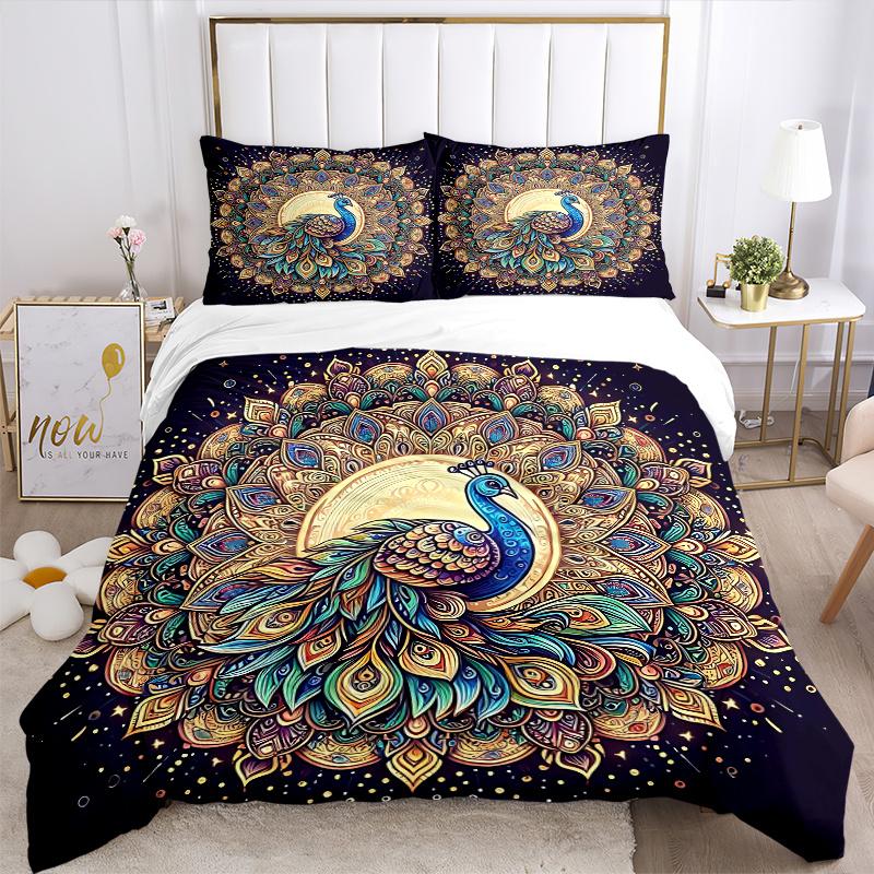 3pcs Beautiful Peacock Printed Quilt Set - Includes 1 Quilt Cover and 2 Pillowcases, Machine Washable - Suitable for All Seasons.W003