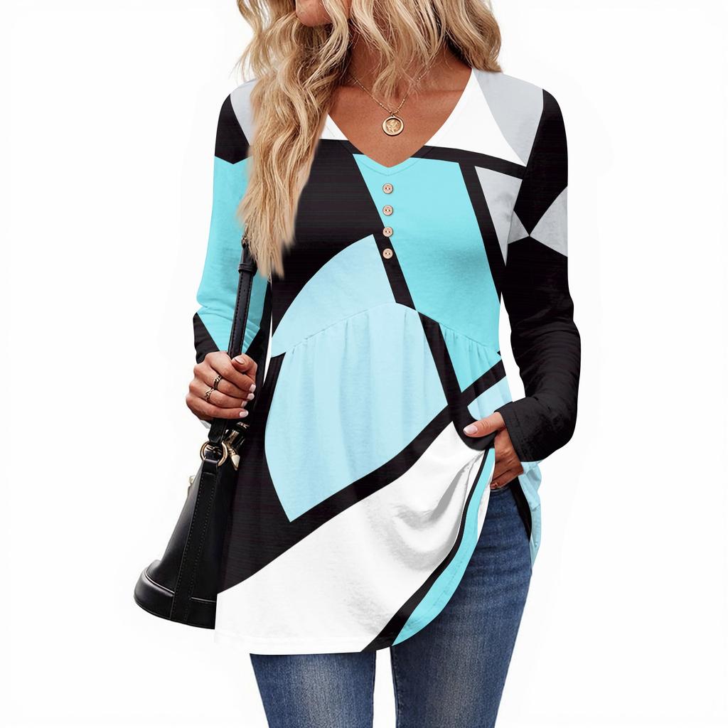 Women's Casual Fashion V-Neck Button Retro Floral Print Long Sleeve Top