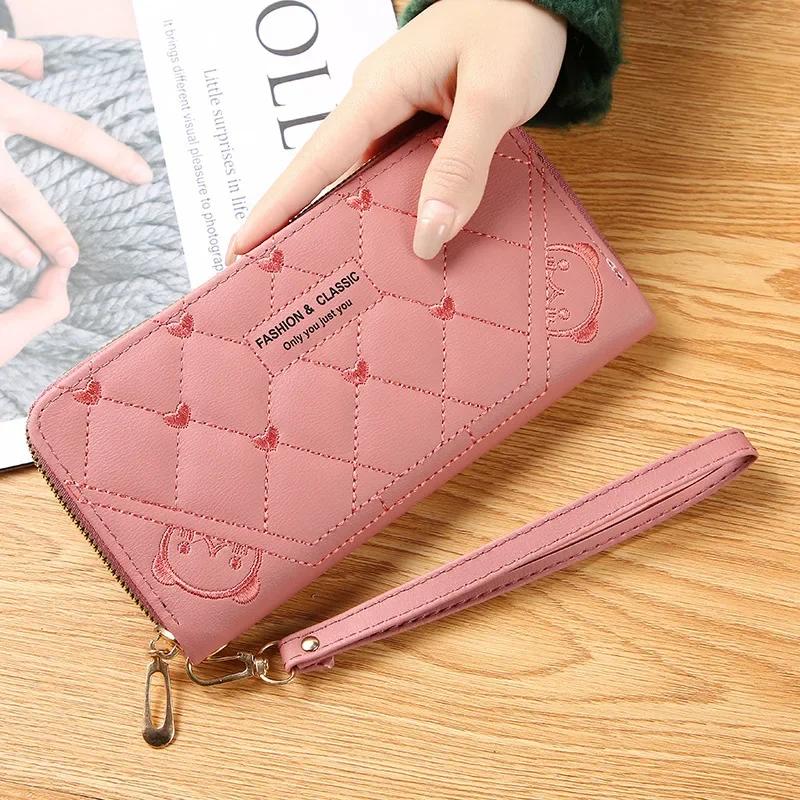 New Long Short Wallet Women's Fashion Credit Card Bag Purse Zipper Handbag Embroidered Heart Mobile Phone Money Coin Bag Case