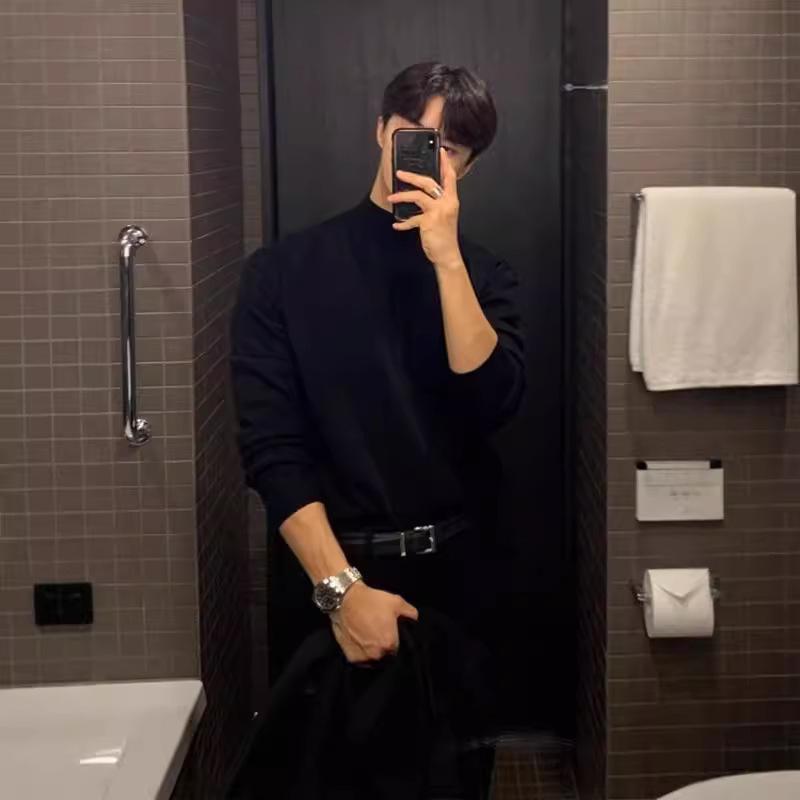 Мужской свободный свитер с высоким воротником Осень/Зима: Корейский стиль, Однотонный, Длинный рукав.