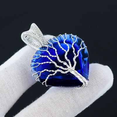 Синий сапфир, драгоценный камень, кулон "Древо жизни", подвеска из стерлингового серебра 925 пробы, обернутая проволокой, серебряный драгоценный камень, подвеска ручной работы, ожерелье для подарка