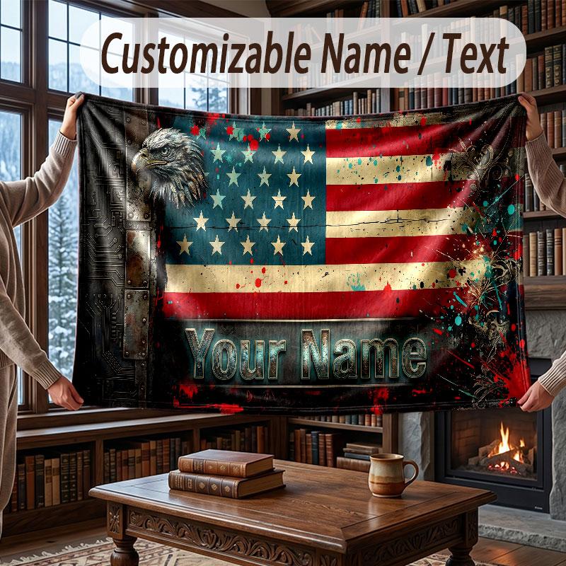 American Patriotic Theme Throw Blanket Custom Name Text Personalized Blanket Soft Cozy Blanket for Home Sofa Bed