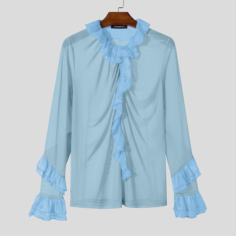 INCERUN Мужские прозрачные топы с длинным рукавом и оборками по низу, сетчатые рубашки для вечеринок