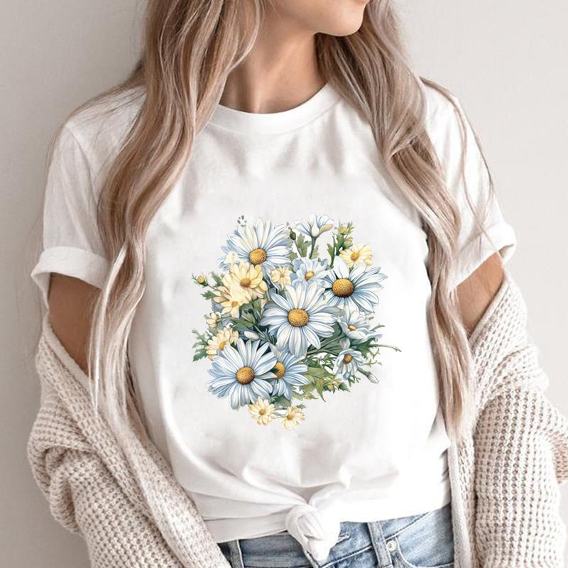 (Азиатский размер) Футболки с коротким рукавом с принтом, милые цветочные милые милые повседневные женские модные футболки, женские футболки с графическим принтом