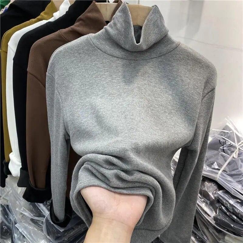 Теплый трикотаж, плюшевая утолщенная водолазка, базовая рубашка, женский пуловер, тонкий топ с длинными рукавами, простой повседневный новый модный осенне-зимний вариант