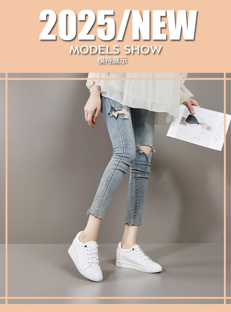 Top layer cowhide Inner height increasing white shoes for women's spring new style real sheepskin insole sports and leisure shoes
