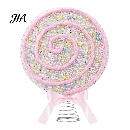 Candy Themed Party Supplies Macaron Spiral Lollipop Christmas Tree Topper, Foam Ornament with Colorful Fake Sweets Bow, Sweet Decoration Prop