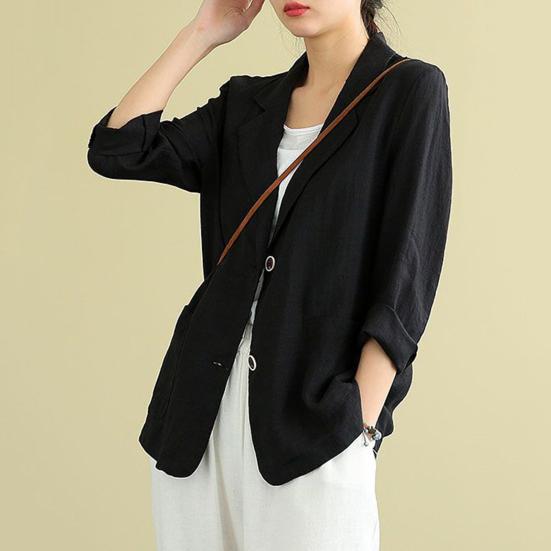 Cotton Linen Coat for Women Vintage Long Sleeve Blazer Jacket Casual Lapel 2 Buttons Thin