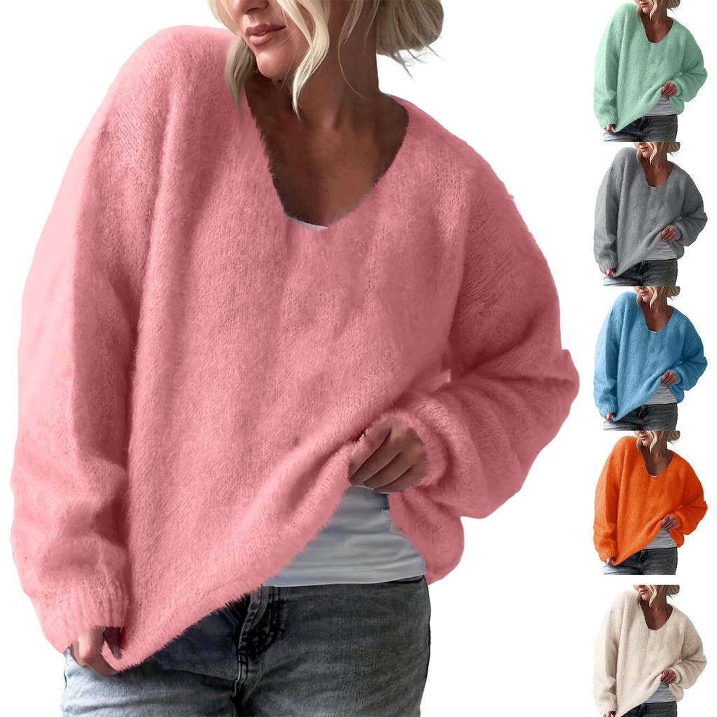Women's Fashion Casual V-neck Solid Color Long-sleeve Knitted Sweater Top