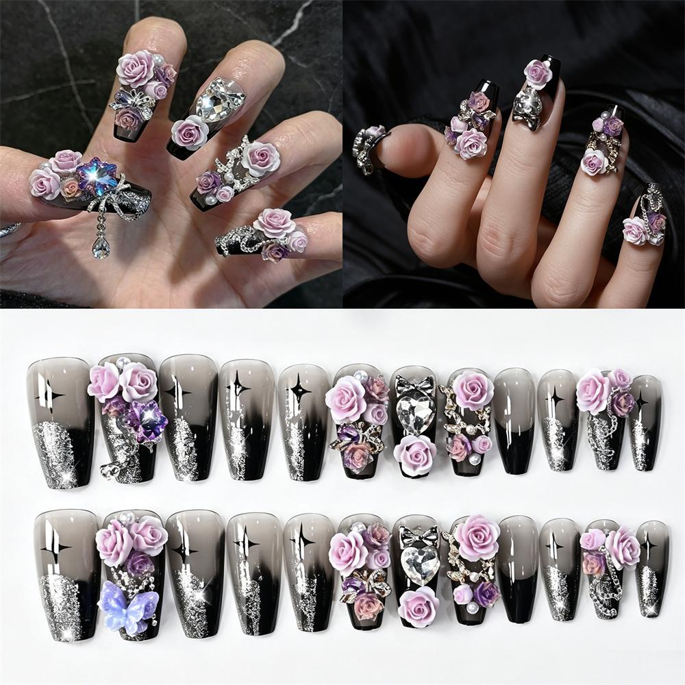 24Pcs Y2K Wearable Nails Black Gradient Foil 3D Purple Rose Glue On Long Stiletto Club Party With Jelly Glue Nail Tips