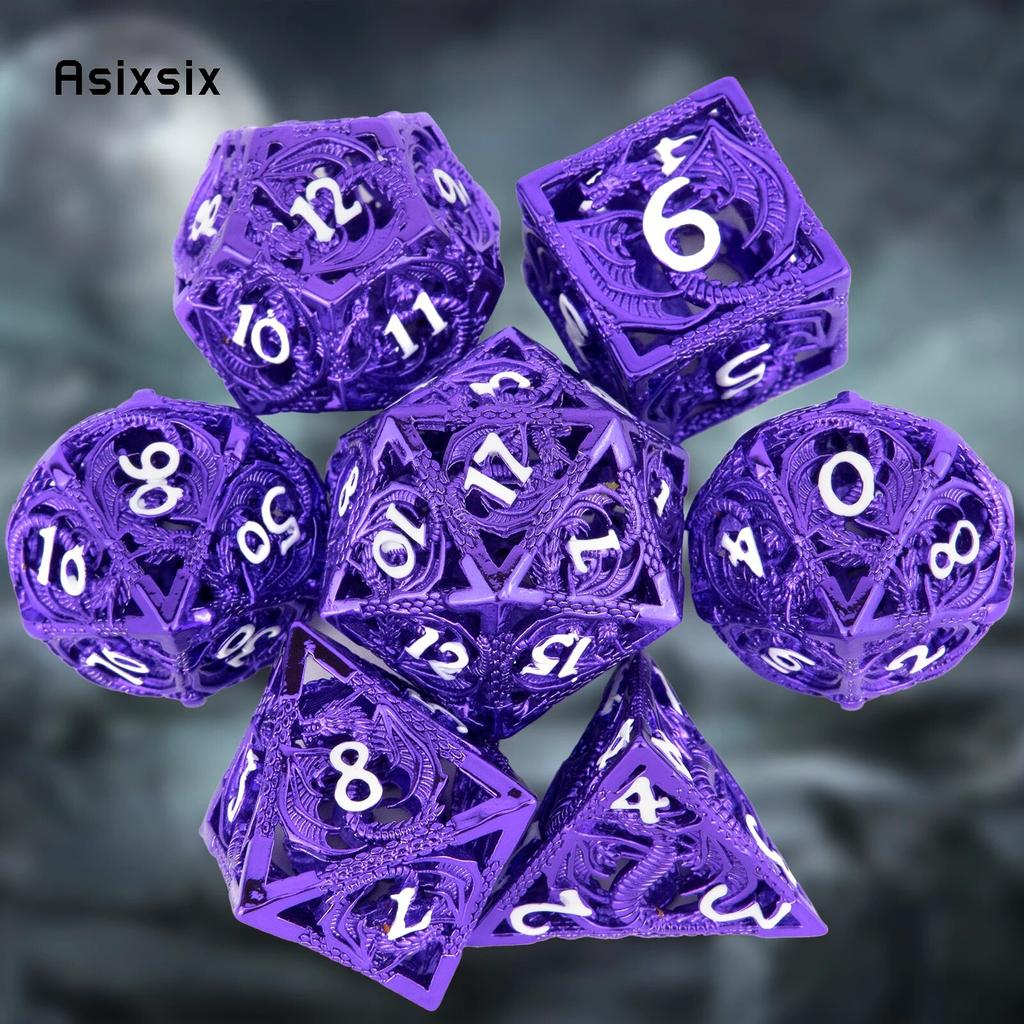 7 Pcs Purple White Dragon Metal Dice Hollow Metal Polyhedral Dice Set Suitable for Role-Playing RPG Board Game Card Game