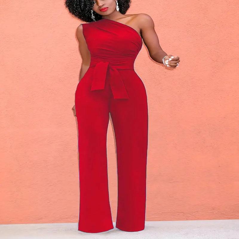 Женский комбинезон, однотонный укороченный топ с косым воротником, прямые брюки с поясом, сексуальные свободные брюки без рукавов, элегантные очаровательные комбинезоны