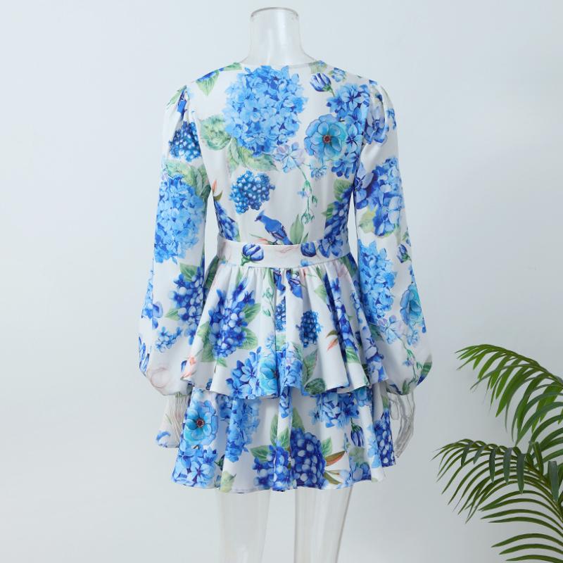 Summer Fashion Elegant Sexy Mini Dress Women Retro Print Floral Flower V Neck Party Dresses France Chic New Design Vintage Aesthetic Clothes