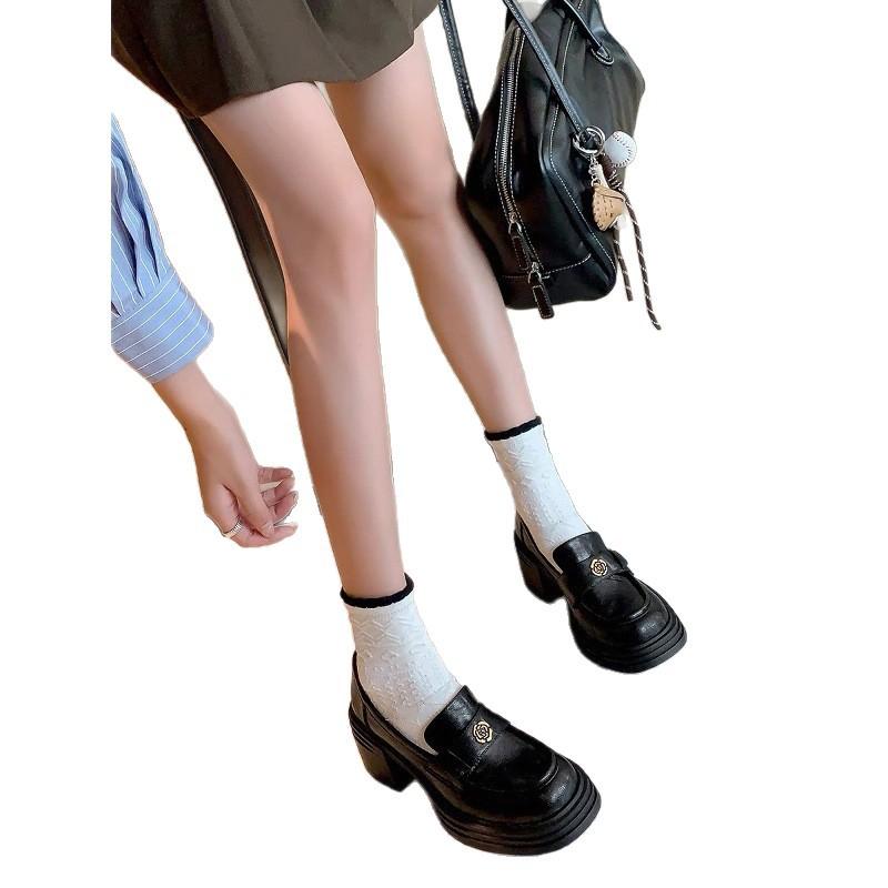 Cowhide Version Camellia Thick Heel Heightened Platform Loafers Round Head Medium Heel Single Shoes Women's High Heel Small Leather Shoes British Styl