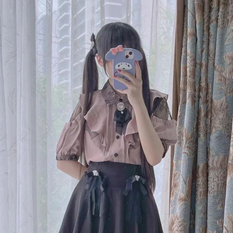 Милая блузка в японском стиле, элегантные милые топы с короткими рукавами, повседневная женская эстетичная рубашка, кавайные женские рубашки, одежда в стиле Лолита Y2K