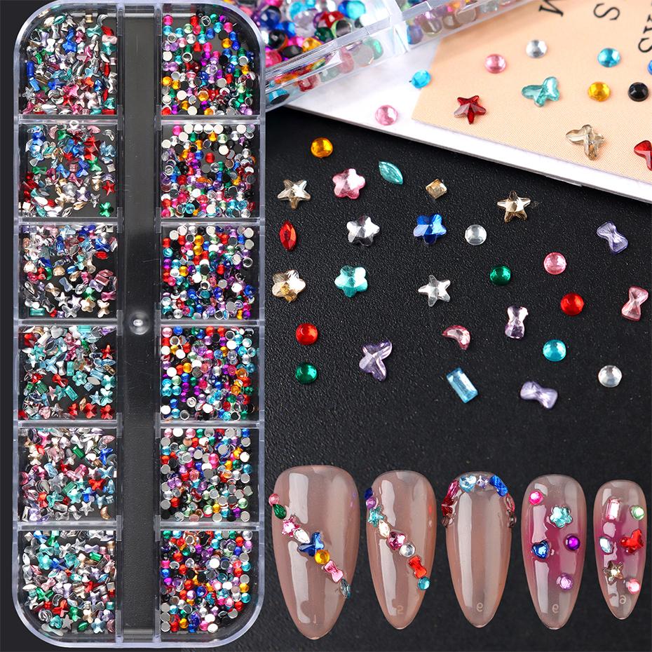 Xiaomi 12 Grids Multi‑Color Flat Back Nail Rhinestones Crystal Gems Star Heart Butterfly Nail Charms Nail Art Decorations Accessories