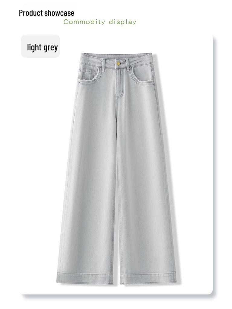 Женские джинсы 2025 года светло-серого цвета с высокой посадкой, облегающие, свободного кроя, с вариантами узких и широких штанин для весны/лета.