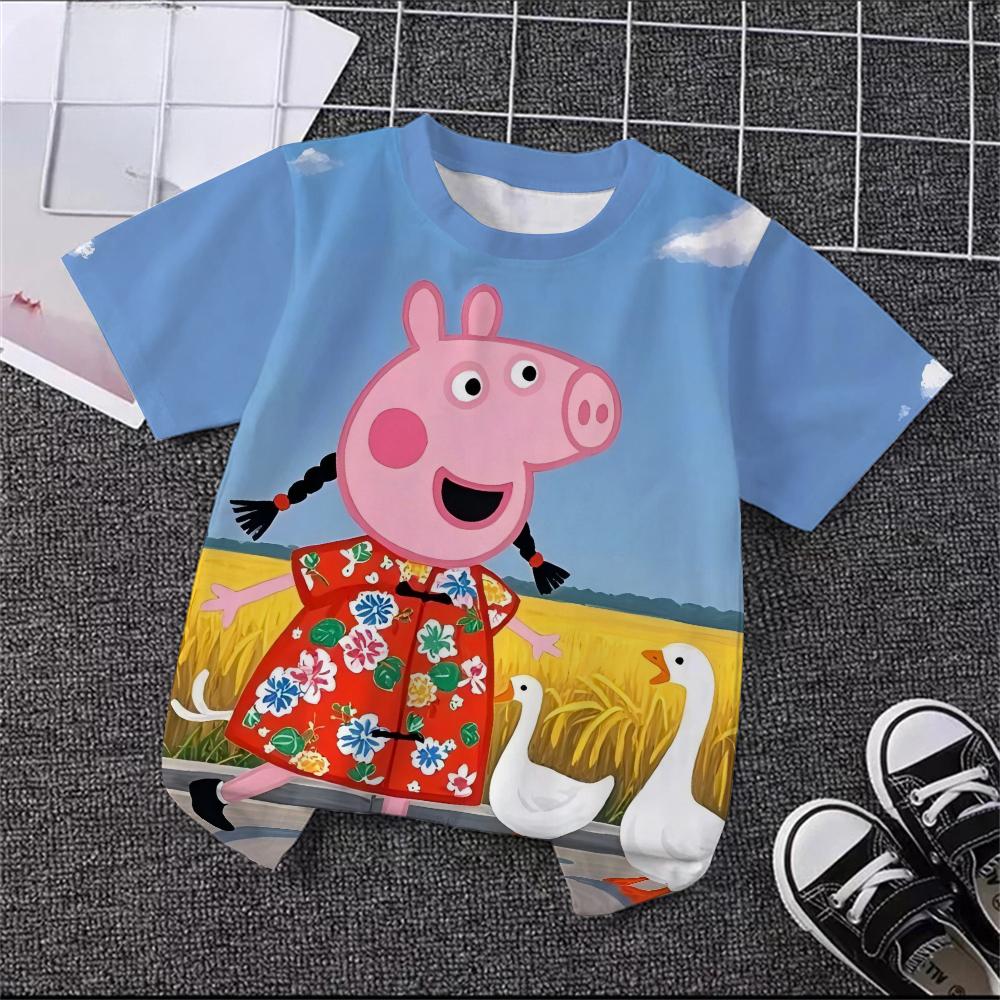 Trendy Cute Cartoon Print Tee Summer Casual Crew Neck Street Fashion Kids Short Sleeve Peppa Pig 3 14 Years