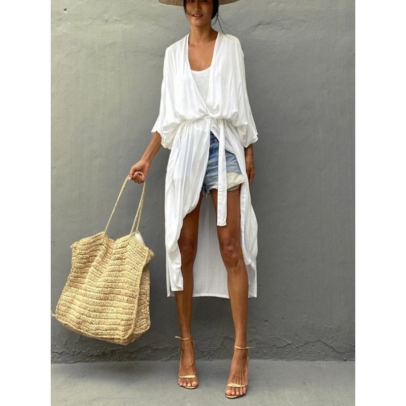 Длинный хлопковый кардиган с рукавами кимоно и завязкой спереди для пляжного отдыха