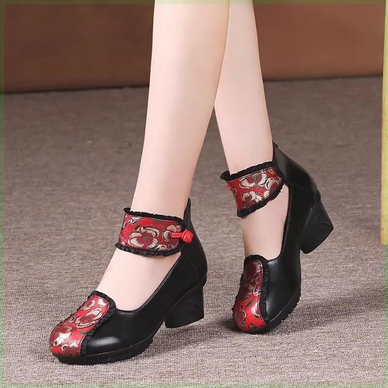Ethnic Style Handmade Retro Leather Shoes Women's Spring Middle Layer Cowhide Heel Soft Sole Comfortable Thick Heel Single Shoes Printed Dance Shoes