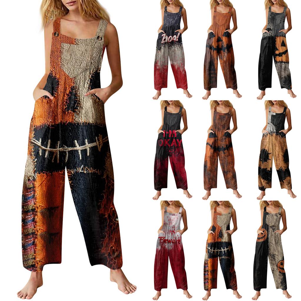 Женский модный повседневный винтажный комбинезон без рукавов на пуговицах с принтом на Хэллоуин