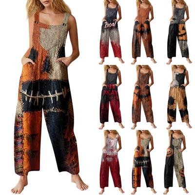 Женский модный повседневный винтажный комбинезон без рукавов на пуговицах с принтом на Хэллоуин