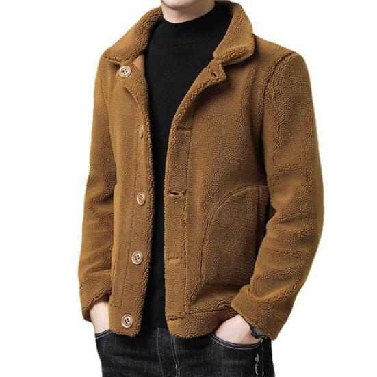 Men Jacket Lapel Long Sleeve Single Breasted Coat with Pockets Solid Color Reversible Design Polar Fleece Faux Leather Outwear