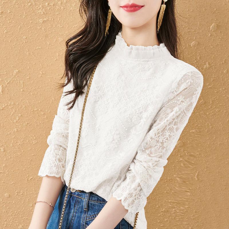 Высококачественная кружевная базовая рубашка для женщин на весну и осень. Универсальный тонкий топ на осень.