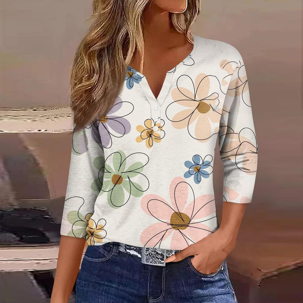 Женская модная повседневная футболка с коротким рукавом и V-образным вырезом, декоративными пуговицами и рукавом три четверти