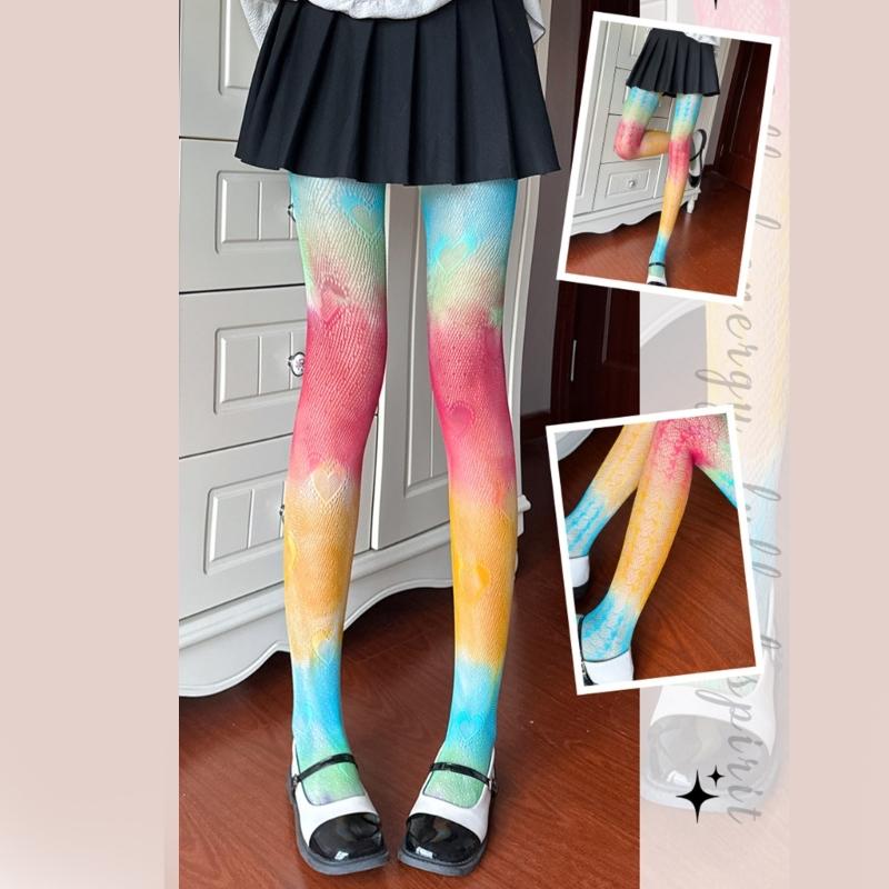 Sexy Gradients Rainbow Colorful Fishnet Tights for Women Candy Color Hollow Lace Jacquard Pantyhose JK Stockings Leggings