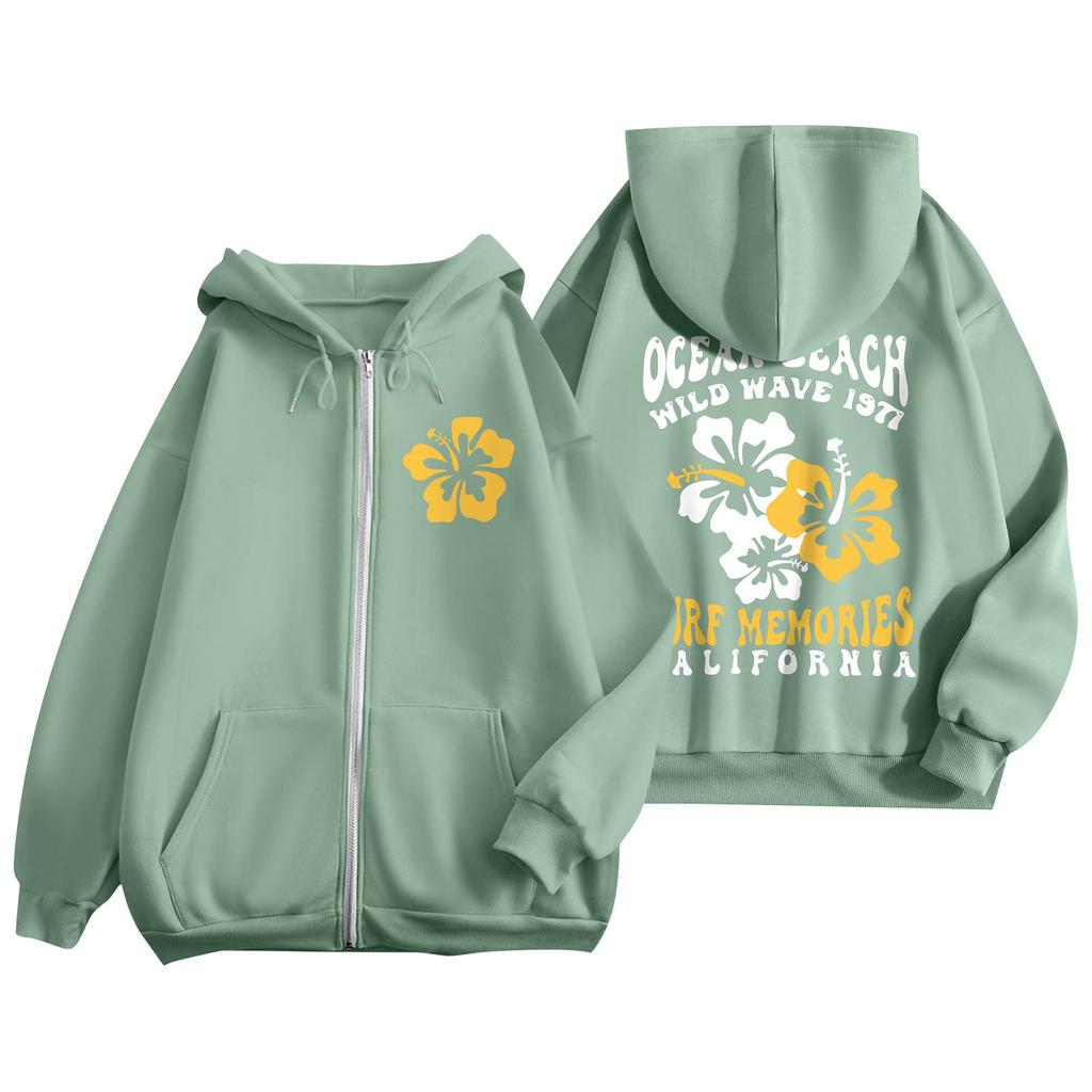 Women's Zip Up Hoodies Teen Girls  Flowers Printed Sweatshirt Clothing Casual Drawstring Jacket With Pockets