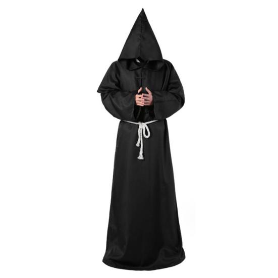 4Pcs/Set Halloween Cloak Costume Medieval Monk Robe Wizard Cosplay Dance Fabric Cape with Strong Drape Big Hat Necklace Waist Rope