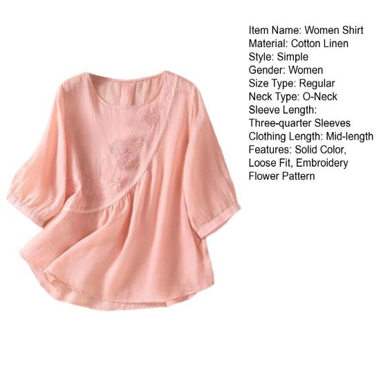 Женская повседневная рубашка с рукавом три четверти, асимметричный подол, вышитый цветочный узор, круглый вырез, однотонный топ