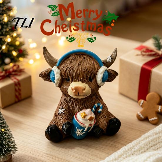 Resin Highland Cow Statue Winter Figurine, Cattle for Holiday Figurine Desk Decor, Animal Shape Ornament Home Office