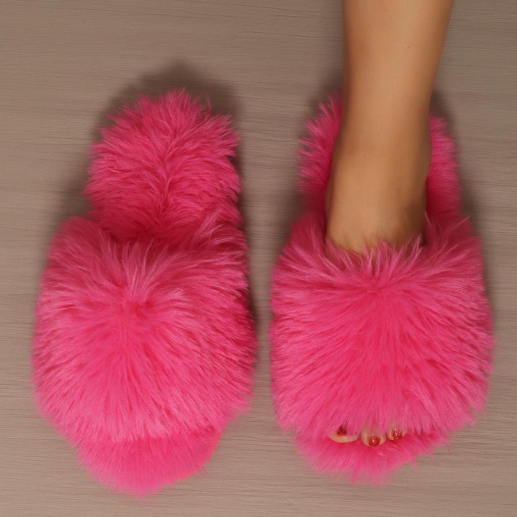Женские пушистые зимние тапочки, однотонные мягкие туфли на плоской подошве с открытым носком, уютные и теплые домашние тапочки