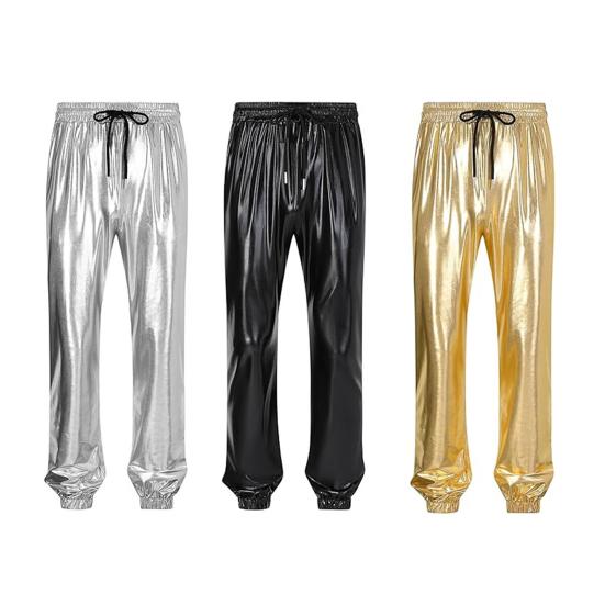 Мужские брюки для выступлений, эластичный пояс на шнурке, облегающий щиколотку, с карманами, глянцевая поверхность, брюки в стиле диско, брюки для сцены, вечеринки, ночного клуба, косплея