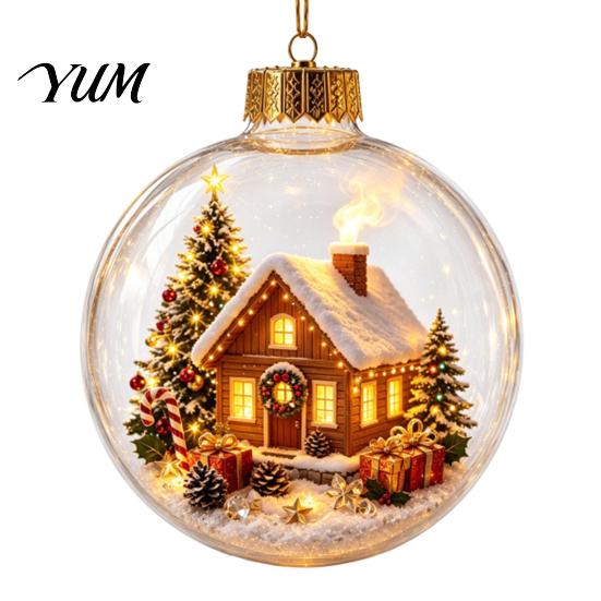 Transparent Christmas Tree Decor 3D Acrylic Faux Crystal Ball Ornament, Lighted Reindeer Sleigh Luminous Ornaments Snow Scene Hanging for Tree,
