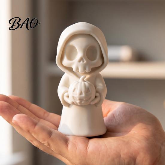 Indoor Party Embellishments 3D Printed Grim Reaper Figurine Holding Pumpkin, Blank DIY Tabletop Seasonal Decor Paintable Halloween Statue, Cute
