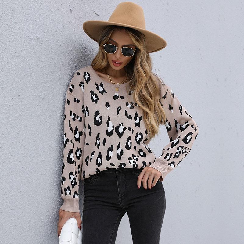 Vintage Fashion Elegant Casual Autumn and Winter Women's Loose Leopard Print Long-sleeved Sweater Women